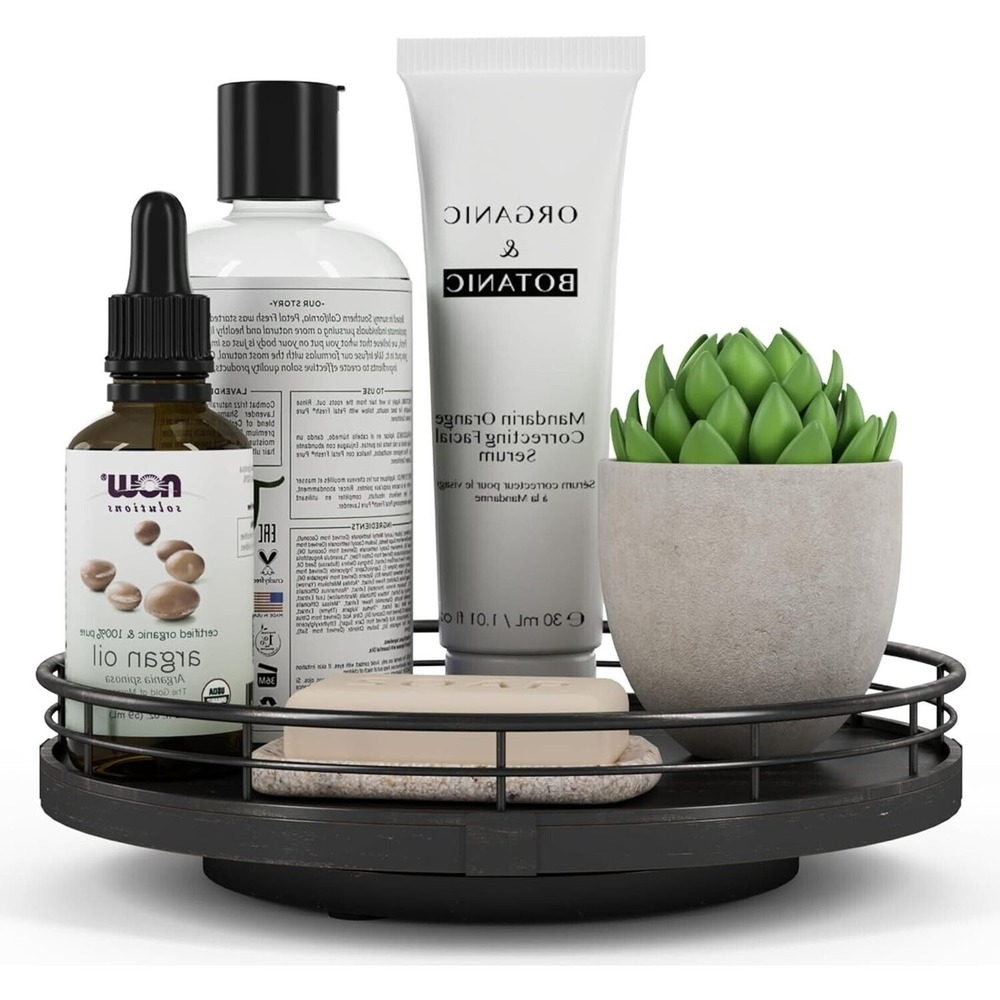 9" Oak Bathroom Vanity Tray Turntable for Perfume Candle, Round Wooden Decorativ